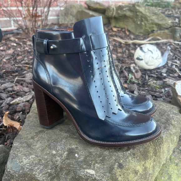 Tory Burch Hyde  Navy Leather Fringe Ankle Boots Block Heel Women Size 9 - Picture 3 of 8